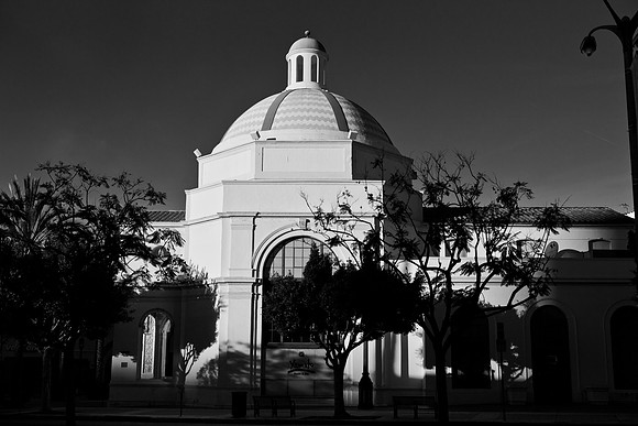Janss Dome Building in black & white, Westwood